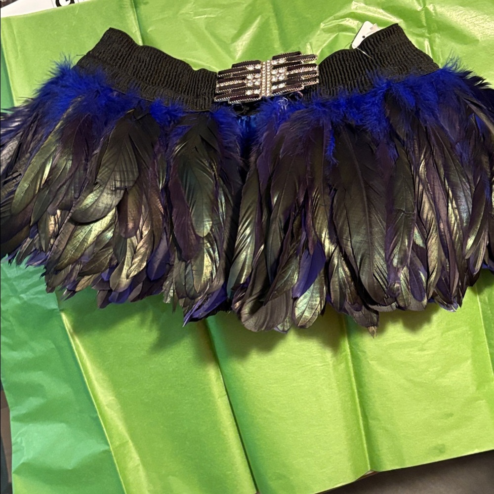 Elegant Feathered Skirt with Blue and Black Accents #burningman #coachella